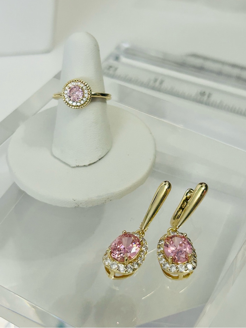 18K Gold-Plated Ring Sz. 6 & Earring Set w/ Pink Crystal CZ Center